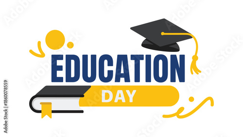 Education day modern flat illustration with graduation cap ribbon and creative elements celebrating learning knowledge and academic awareness concept