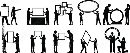 Silhouette illustrations of people holding various shaped signs