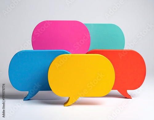 Five colorful speech bubbles, stacked and overlapping, on a white background