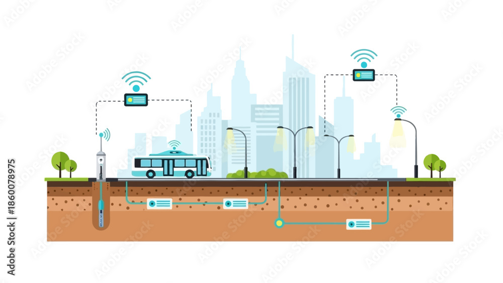 Obraz premium Illustration of a smart city cross-section, showing underground sensors, autonomous bus, smart streetlights.