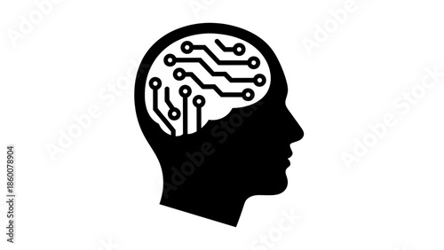 Silhouette of a human head with circuit board brain, representing artificial intelligence and technology
