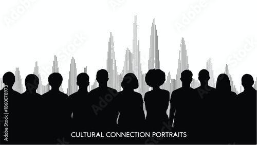 Diverse group of silhouettes connected against a city skyline, representing unity and community