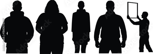 Silhouettes of people in a line with one holding a picture frame