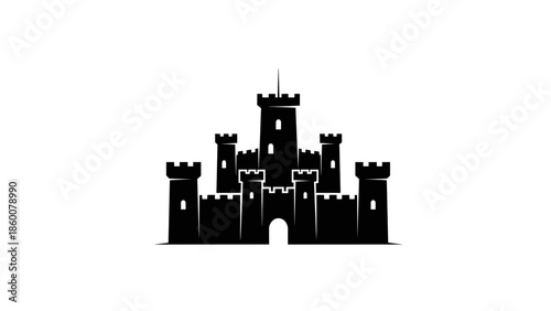 Silhouette of a majestic castle with towers and battlements against a clear white background
