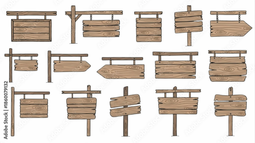 Fototapeta premium Collection of rustic wooden signs with various shapes and styles