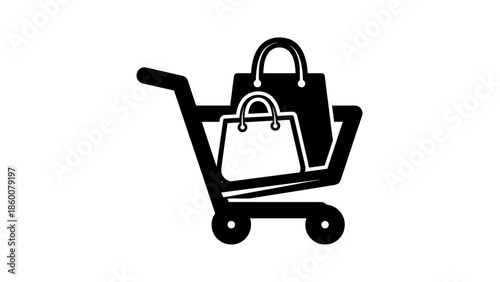 Shopping cart filled with various handbags in a retail environment