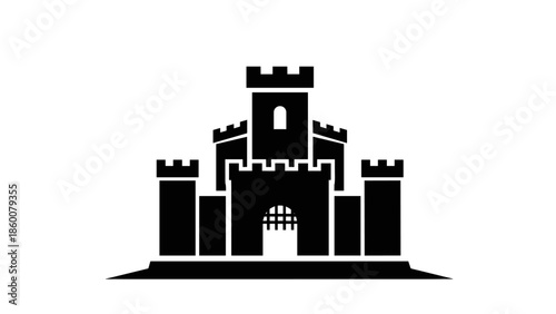 A majestic castle silhouette stands tall against a clear background