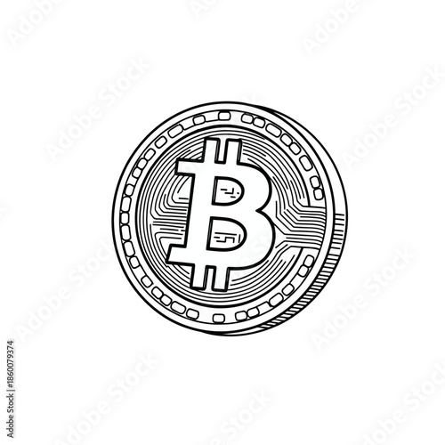 A black and white illustration of a Bitcoin coin on a plain background