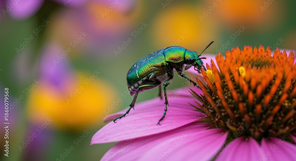 Fototapeta premium Green Beetle on Purple Flower Petal Closeup.