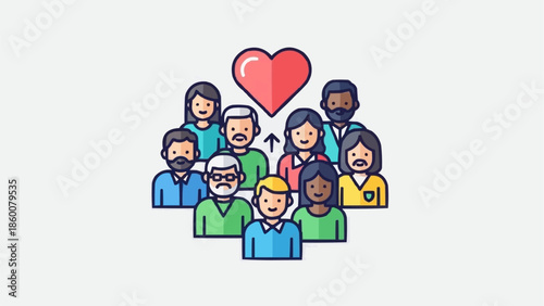 Diverse group of people united by love and community spirit.