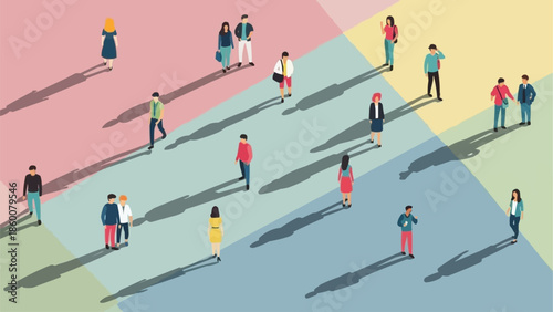 Diverse group of people walking in different directions casting long shadows.