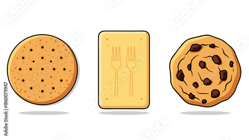 Baked goods collection: crispy cracker, stylized butter bar, and a classic chocolate chip cookie