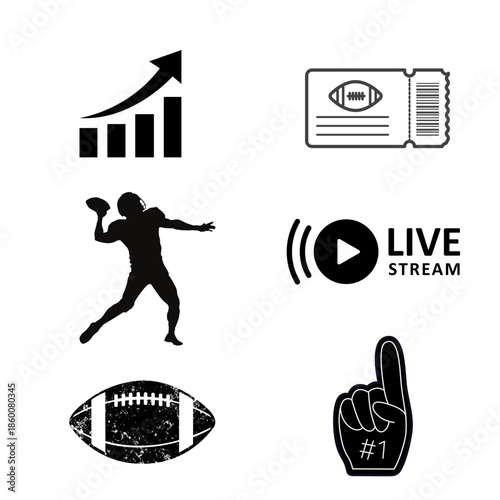 American football fan and broadcast icon set for NFL season, live stream, ticket, and quarterback silhouette.