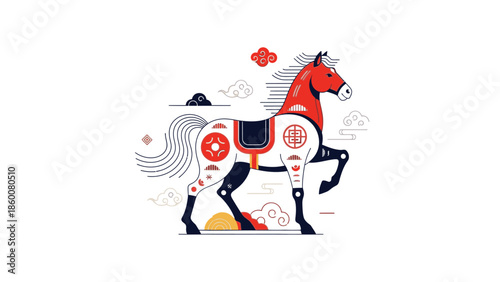 Illustration of a Fire Horse from Chinese Zodiac, adorned with symbolic red and black patterns, set against a white background with stylized graphics for Chinese New Year 2026.