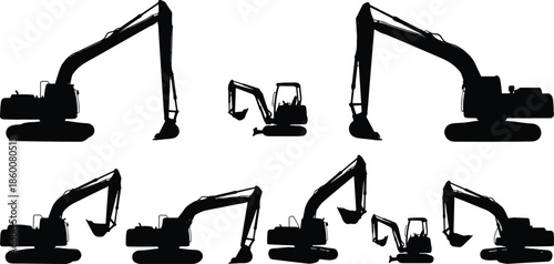 Excavator machinery silhouette set with heavy construction equipment in different working positions, industrial earthmoving vehicle black vector illustration isolated