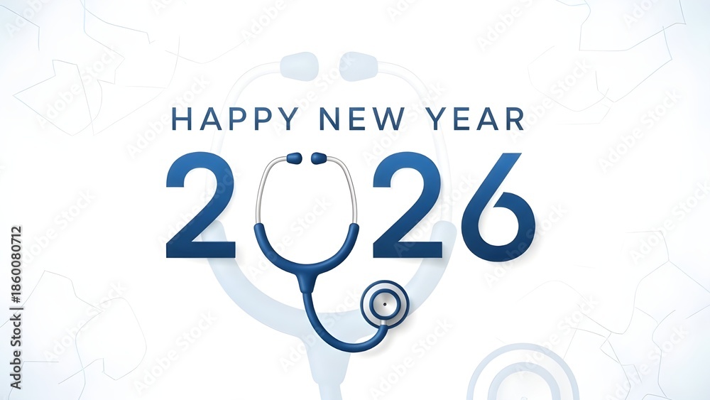 Fototapeta premium Happy New Year 2026 with Stethoscope in Medical Theme Vector Illustration
