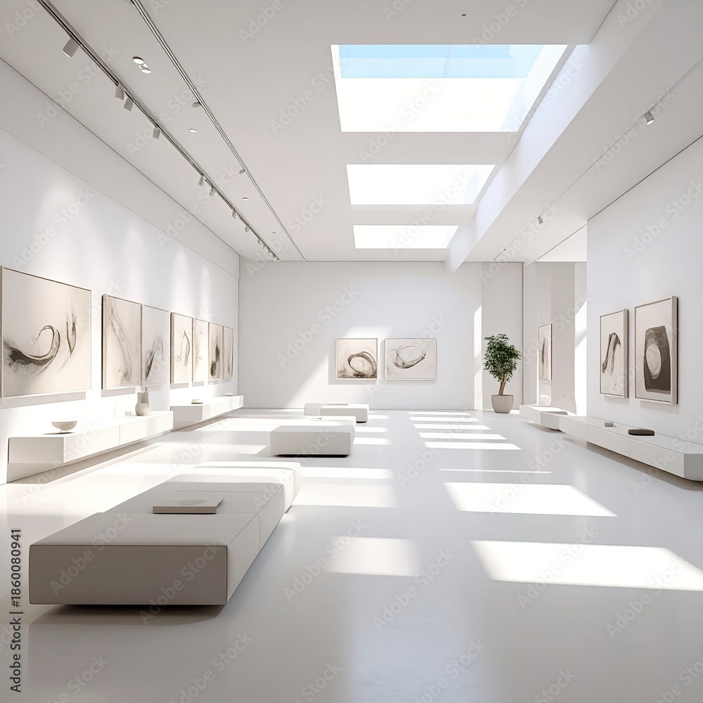 Fototapeta premium Bright, modern art gallery with skylights and framed artwork