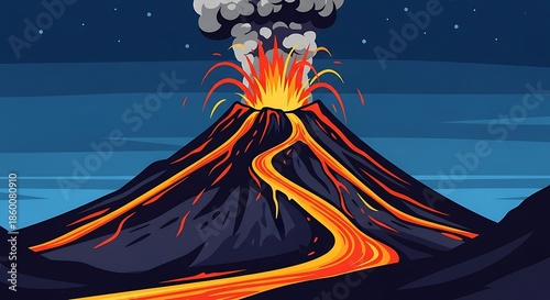 Volcano Erupting with Lava Flow at Night.