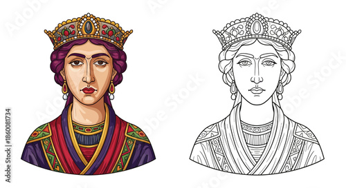 Regal Royal Bust Portrait With Colorful Attire and Crown Beside Sketch Version