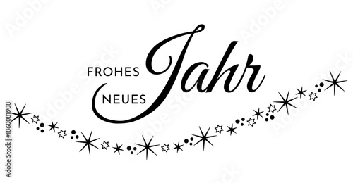 Frohes Neues Jahr - deutscher Kartentext mit Sternen für Neujahrskarte, schwarz, Text Wolke Vektor Illustration