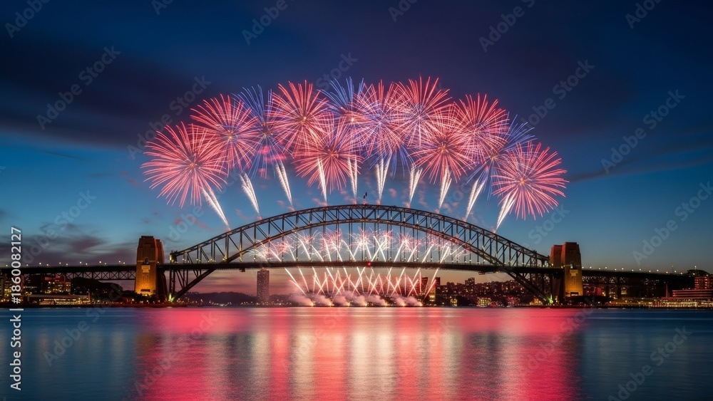 Naklejka premium Sydney Harbour Bridge fireworks at twilight, vibrant red and blue explosions reflecting on water