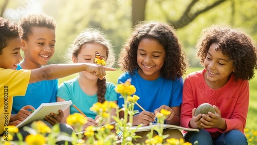 Children learning about nature in a sunny park