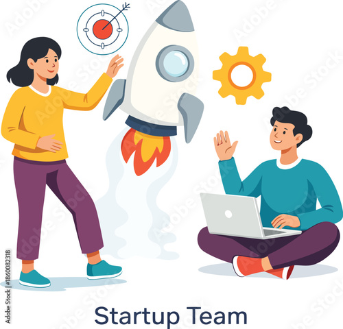 Startup Team: A dynamic duo of innovators collaborates on a fresh venture, represented by a rocket ship soaring toward the bullseye and a cogwheel, embodying strategy and innovation.