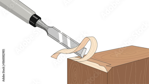 Sharp chisel carving wood creating a thin curl of wood shaving isolated on white background for woodworking and carpentry concepts