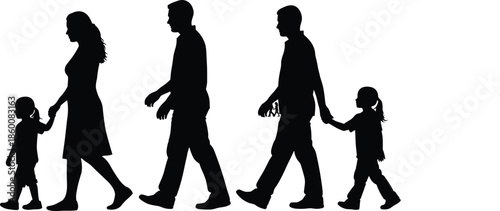 Happy family walking together holding hands and riding bicycles at sunset in continuous one line drawing and colorful silhouette style