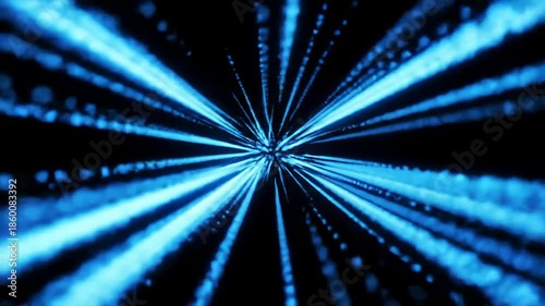 Blue lines converge in dark void, emitting bright energy beams