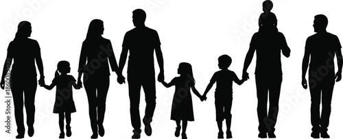 Large multi-generational happy family silhouettes walking together including parents children grandparents and grandchildren isolated on white background for community concept