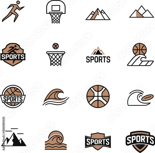 Sports and Outdoor Activity Icons with Mountains Waves and Basketballs running man