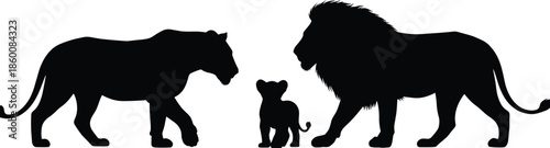 Silhouette of a happy family walking in nature under a large oak tree including parents with children jogging and cycling