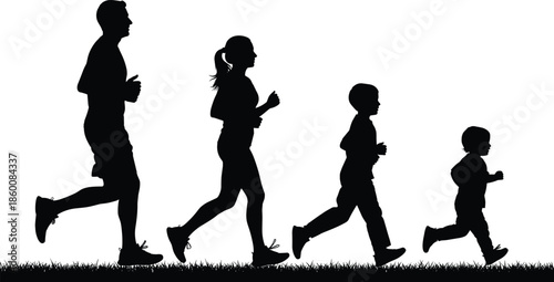 Silhouette of a healthy active family with two children jogging together outdoors on a grass field against a white background