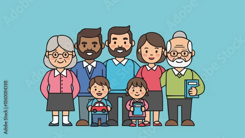 Diverse multi-generational family posing together happily.
