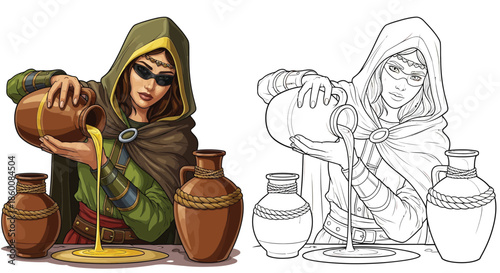 Traditional Woman Pouring Golden Liquid From Jug Into a Clay Pot Illustration