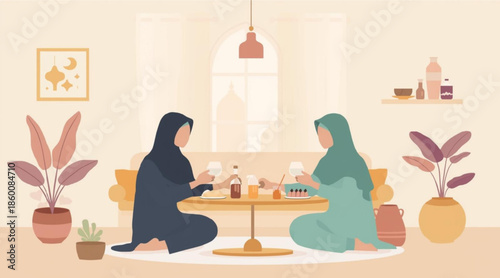 Modern Muslim Family Iftar at Home Ramadan Flat Vector