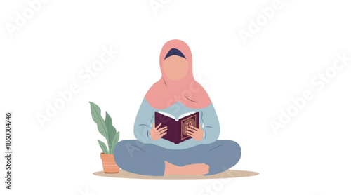 Muslim Woman Reading Quran During Ramadan Flat Vector