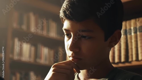 Boy Contemplating Next To Bookshelf in Library