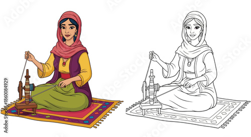 Traditional Art Woman Using Spinning Wheel Digital Coloring Page Design