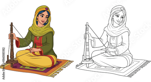 Traditional Women Spinning Yarn on Spinning Wheel: Color and Line Art Illustration