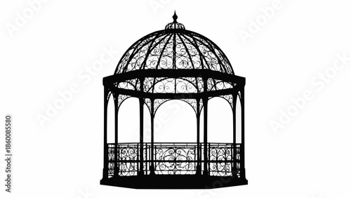 Elegant Black Silhouette of a Victorian Gazebo Structure.