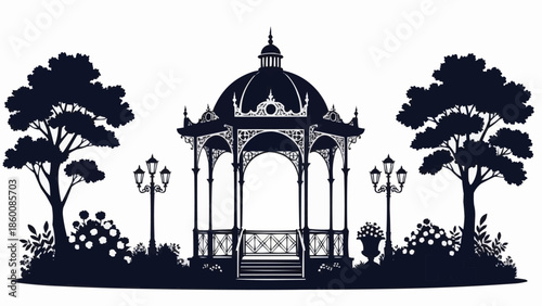Elegant Victorian Gazebo Silhouette with Trees and Lamps.