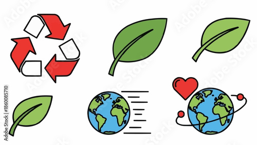 Environmental icons including recycling symbol leaves and planet Earth.
