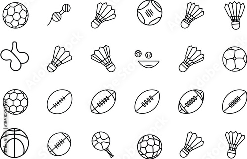 Sports Balls and Shuttlecocks Icons Collection illustration