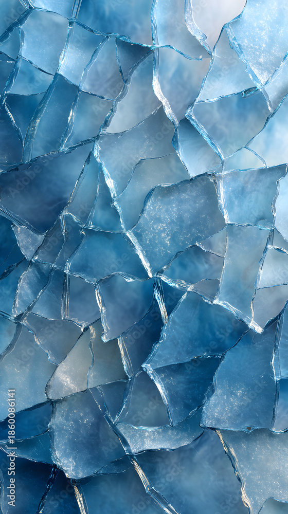 Fototapeta premium Blue and white broken glass pattern background with empty space. Illustration of a cellphone wallpaper background.