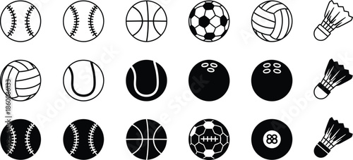 Sports Balls and Shuttlecocks Icons Set illustration