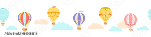 Seamless vector border with hot air balloons in clouds, hand drawn repeating illustrations on white background