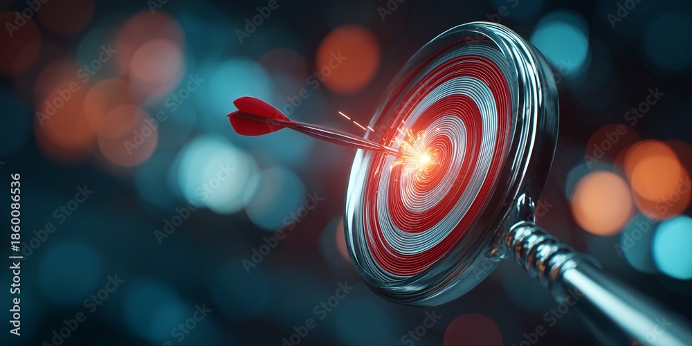Fototapeta premium Red arrow hitting the glowing bullseye center of a metallic spiral target in a dark bokeh environment, concept for marketing strategy, achieving business goals and performance measurement optimization