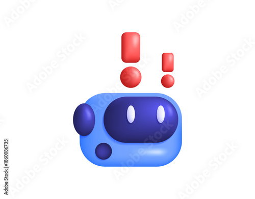 Illustration of a robot head with a red exclamation mark. AI error concept, a problem or damage to artificial intelligence. Bug detected. Warning and notification. 3D style design. Symbol, blue
